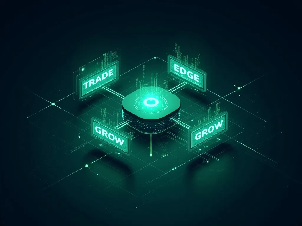 Glitch Executor holding-company illustration: Trade, Edge, and Grow as interconnected panels orbiting a shared AI core